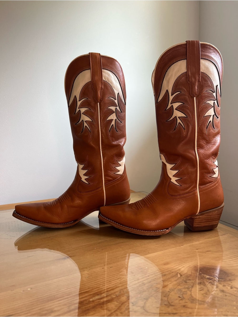 Tecovas Annie Pecan Bone Brown and Cream Western Leather Heeled Boots 9.5